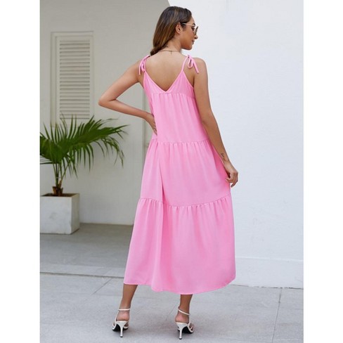 MISSKY Spaghetti Strap Maxi Dresses for Women Loose Summer Casual Sundress V Neck Tiered Ruffle Beach Cami Long Dress