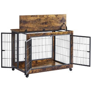 NicBex 38.58Inch Dog Crate Furniture with Flip-up Top Wooden Dog Crate Table with 2 Iron Doors and Wheels,Heavy Duty Indoor Puppy Kennel,Rustic Brown - 1 of 4