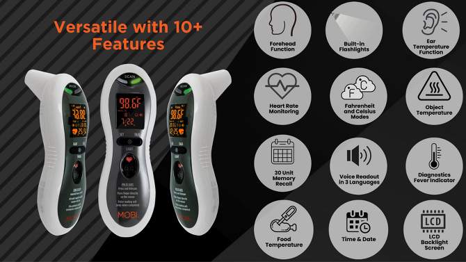 Mobi Ultra Pulse Talking Ear, Forehead Digital Thermometer with Pulse Rate, Diagnostic Fever Indicator and Memory Log, 2 of 7, play video