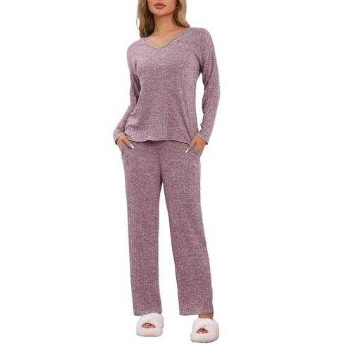 cheibear Women's Ribbed Knit Lounge Long Sleeve Sleepwear with Pants Pajama Set 2 Pcs - image 1 of 4