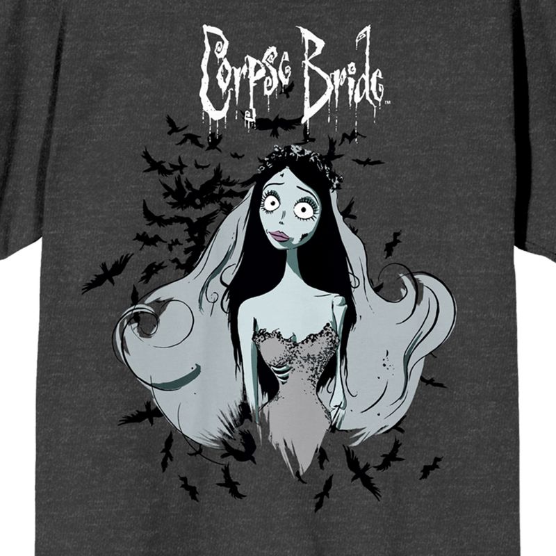 Corpse Bride Emily With Butterflies Juniors Charcoal Heather T-shirt, 2 of 4