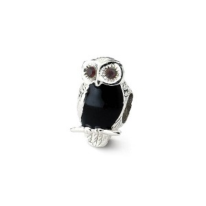 Black Bow Jewelry Sterling Silver, CZ and Black Enameled Wise Owl Bead Charm - 1 of 4