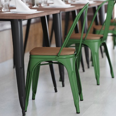 Green Metal Indoor-Outdoor Stackable Chair with Teak Seat