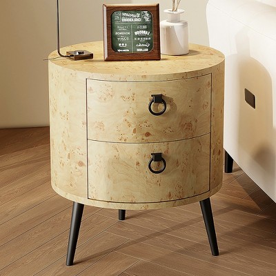 Round Side Table with Drawers Modern Night Stand with Storage Wooden Accent End Table Circle Bedside Table with Metal Legs for Living Room, Bedroom