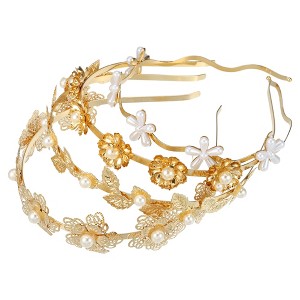 Unique Bargains Women's Alloy Metal Flower Shape Faux Pearl Headbands Gold Tone 4.72"x1.38" 4 Pcs - 1 of 4