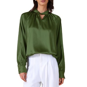 INSPIRE CHIC Women's Satin V Neck Keyhole Long Sleeves Elegant Blouse - 1 of 4