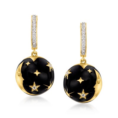 Ross-Simons 0.20 ct. t.w. White Topaz and Black Enamel Celestial Drop Earrings in 18kt Gold Over Sterling