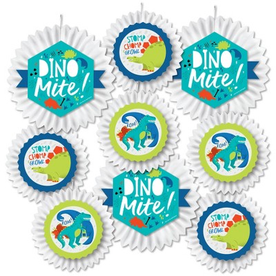 Big Dot of Happiness Roar Dinosaur - Hanging Dino Mite Trex Baby Shower or Birthday Party Tissue Decoration Kit - Paper Fans - Set of 9