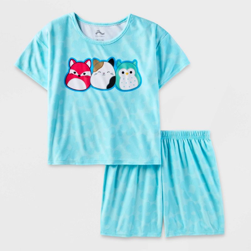 Girls&#39; Squishmallows 2pc Short Sleeve Top and Shorts Pajama Set - Blue, 1 of 4