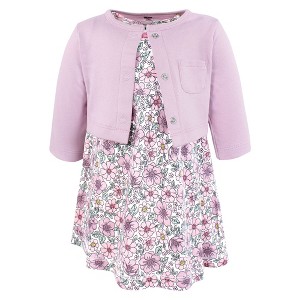 Hudson Baby Infant and Toddler Girls Cotton Dress and Cardigan Set, Pink Purple Pretty Floral - 1 of 4