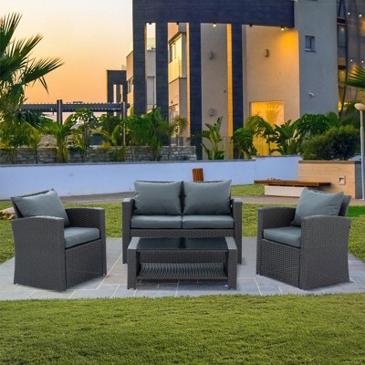 4 Pieces Outdoor Patio Furniture Set, All-Weather Rattan Sectional Sofas Wicker Patio Conversation Set With Water Resistant Cushions And Coffee Table