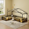 Double Twin Size L-Shaped Montessori House Bed Frame, Metal Corner Bed with Fence, Floor Bed Without Slats - ModernLuxe - 4 of 4