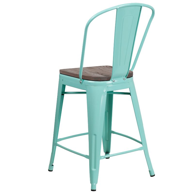 Merrick Lane 24" Metal Indoor-Outdoor Counter Stool with Vertical Slat Back, Integrated Footrest and Wood Seat, 5 of 8