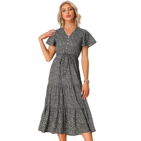 Women's Knee-Length Summer Dress, Beach Dresses, Women's Summer Dress,  Long, Polka Dot Boho Dress, Women's Summer Dresses, V-Neck Short Sleeve  Flowy Casual Summer Dresses with Waist Belt, black, S : :  Fashion