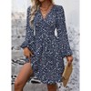 Coolmee Womens Wrap Midi Dress V-Neck Puff Long Sleeve High Waist Elegant Pleated Ruched Work Outfits Dresses S Navy - 3 of 4