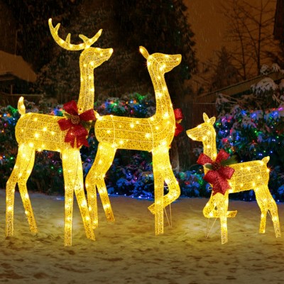 Syemin Decorative Holiday Scene Props 3-Piece Lighted Christmas Reindeer Family Set Outdoor Decorations Christmas Home Decor, Gold, 8.26"*27.95"*48"