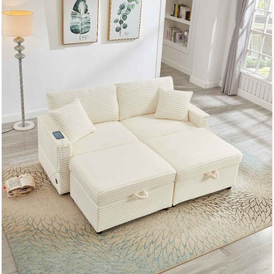 Lazy Loveseat Sofa with 2 Storage Ottomans and Hidden Side Table, Sofa with USB and Bluetooth, Corduroy Sofa with Wood Frame-Coolbibila
