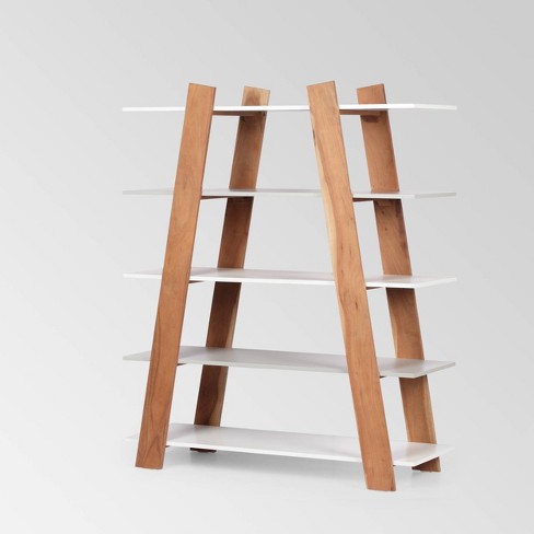 57 Barlum Modern Bookshelf Natural, Acacia Wood Ladder Bookcase
