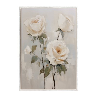 Soft White Roses Beaded Framed Canvas Wall Art, 23x33