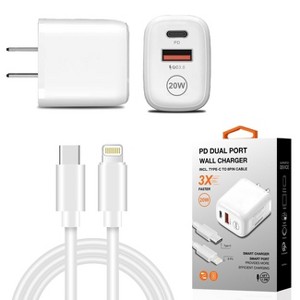 Reiko 20W PD Dual Ports Travel Wall Charger Adapter Fast Charging with 4FT USB-C To 8-PIN Cable - 1 of 4