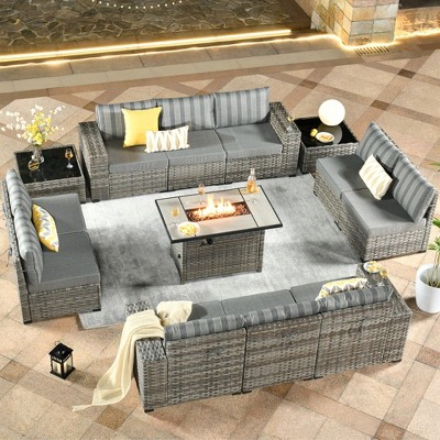 XIZZI 13 Pieces Sectional Sofa Set with Fire Pit Table, Wide Armrest and Deep Seat, Modular Furniture Set for Backyard Garden