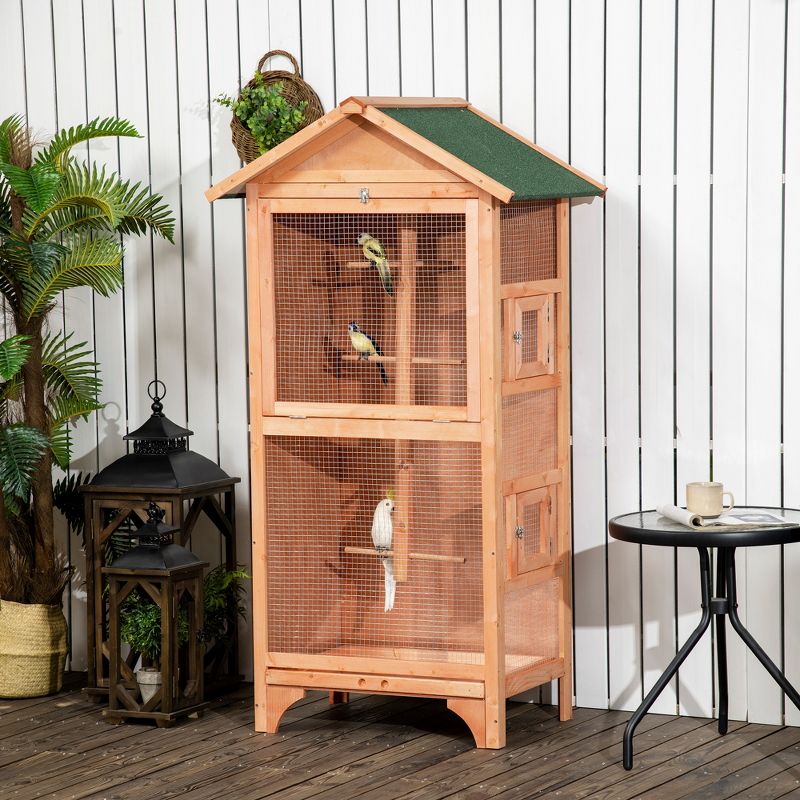 PawHut Wooden Outdoor Bird Cage, Featuring a Large Play House with Removable Bottom Tray 4 Perch, 3 of 7