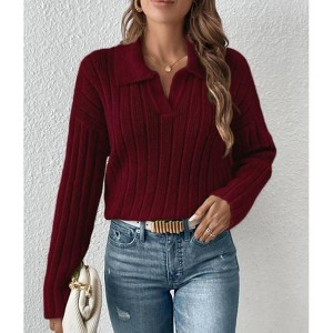 Womens Knit Sweaters Fall Long Sleeve Lapel V Neck Sweater Pullover Polo Shirts Casual Loose Soft Jumper Top Fashion Outfits - 1 of 3