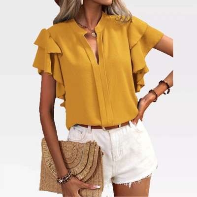 Womens Flutter Sleeve V Neck Tops Front Seam Short Sleeve Blouse Summer Casual Tops