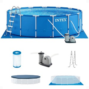 INTEX 28253EH Metal Frame Above Ground Swimming Pool Set: 18ft x 48in – Includes 1500 GPH Cartridge Filter Pump – Removable Ladder – Pool Cover – - 1 of 4