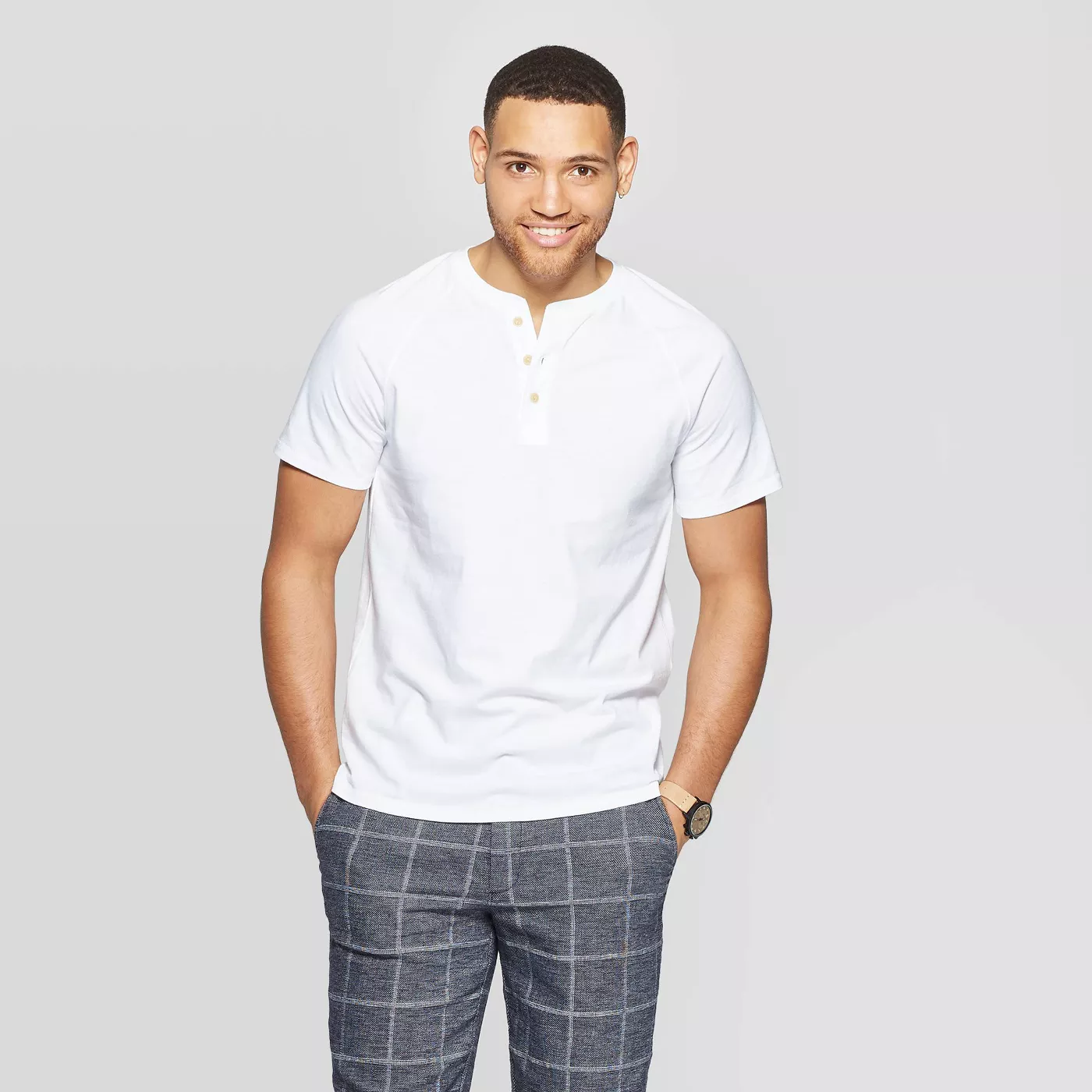 Men's Standard Fit Short Sleeve Henley T-Shirt - Goodfellow & Co White 