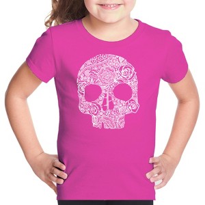 LA Pop Art Girl's Word Art T-shirt - Flower Skull - 1 of 4
