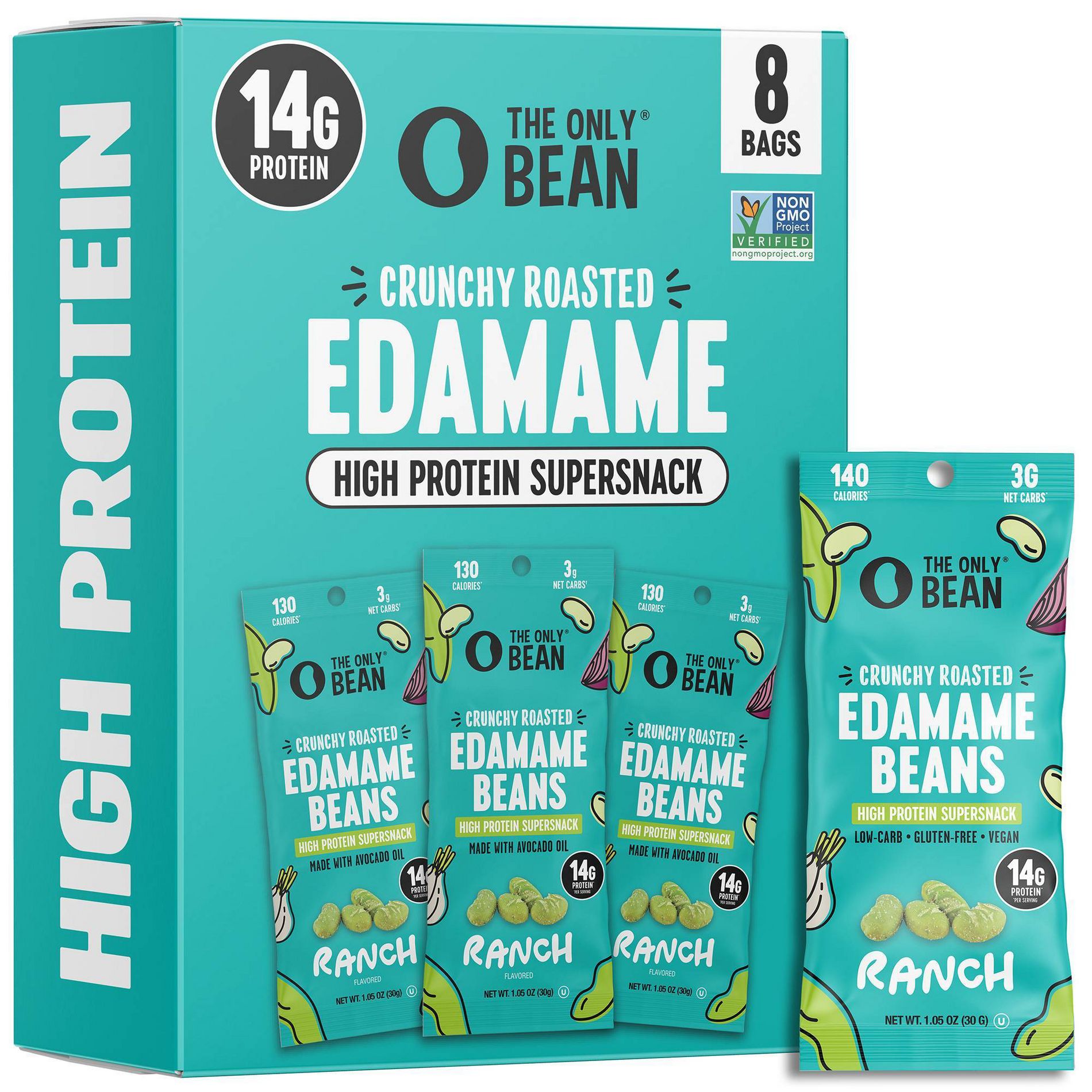 The Only Bean Crunchy Roasted Edamame Snacks Individually Wrapped High Protein Ranch - 8.4oz/8pk
