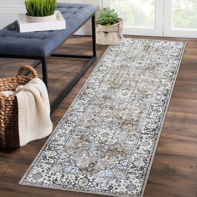 Acekool 9x12 Washable Area Rug, Soft Non-Slip Oriental Medallion Carpet, No Shedding Large Floor Mat for Living Room Bedroom Dining Room, Grey