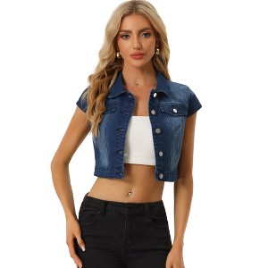 INSPIRE CHIC Women's Summer Denim Button Down Short Sleeve Cropped Jean Jackets - 1 of 4
