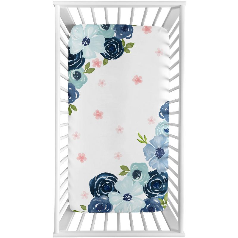 Sweet Jojo Designs Girl Photo Op Fitted Crib Sheet Watercolor Floral Navy Blue Pink and White, 3 of 6