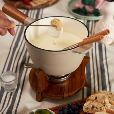Beige Enamel Cast Iron Fondue Pot with Wood Stand