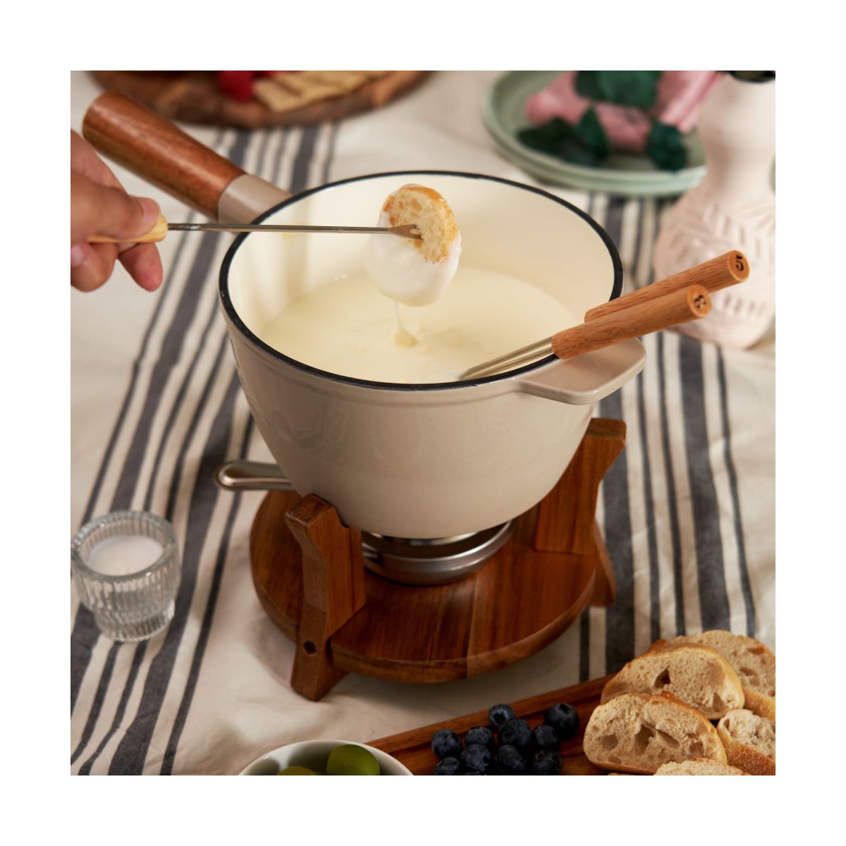 Twine Cast Iron Fondue Set with Wood Stand and Forks, Chocolate Melting Pot, Cheese Fondue Kit Set, Housewarming Gifts, Wedding Gifts, 8.5", Beige - thumbnail 5