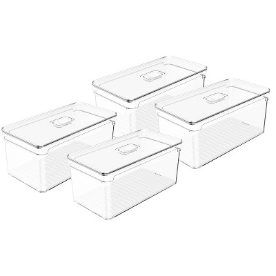 OU Fridge Organizer Bin with Vented Lid, Clear Stackable Refrigerator Storage Container, Produce Kitchen Storage Bin, BPA Free, 4 Pack
