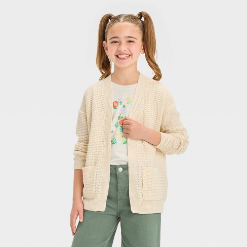 Girls Long Open Cardigan Cat Jack Beige M Target