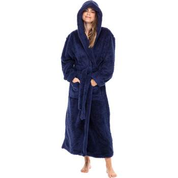 Alexander Del Rossa Women's Plush Fleece Hooded Robe, Shaggy Feather Long Bathrobe Navy Blue Small-Medium