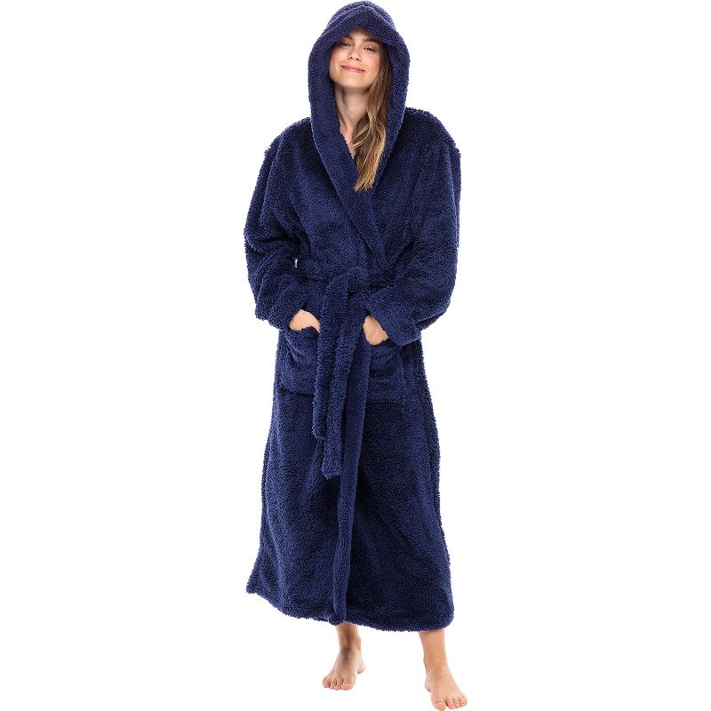 Women's Fuzzy Plush Fleece Bathrobe with Hood, Soft Warm Hooded Lounge Robe, 1 of 9
