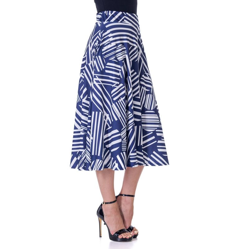 24seven Comfort Apparel Womens Navy Geometric Print Pleated Midi Skirt With Pockets, 2 of 7