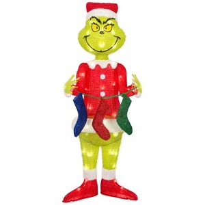 Gemmy 3D Holiday Lighted Tinsel Sculpture The Grinch w/Stockings 4ft Dr. Seuss , Multicolored - 1 of 4