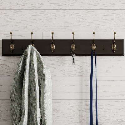 Wall Hook Rail-Mounted Hanging Rack with 6 Hooks-Entryway, Hallway, or Bedroom-Storage Organization for Coats, Towels, Bags by Hastings Home (Brown)