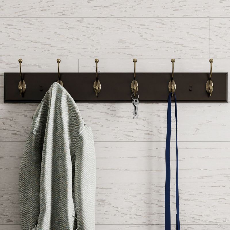 Wall Hook Rail-Mounted Hanging Rack with 6 Hooks-Entryway, Hallway, or Bedroom-Storage Organization for Coats, Towels, Bags by Hastings Home (Brown), 1 of 8