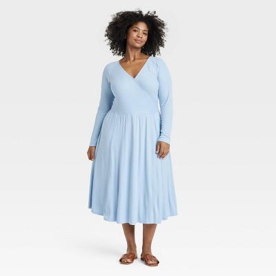 Women's Long Sleeve Rib-Knit Midi Wrap Dress - Ava & Viv™ Blue 1X