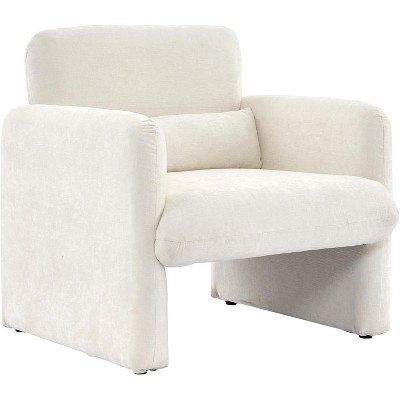 Acekool Cream Chenille Accent Chair, Modern Minimalist Armchair with Waist Pillow, Wood Frame, for Living Room Bedroom Office