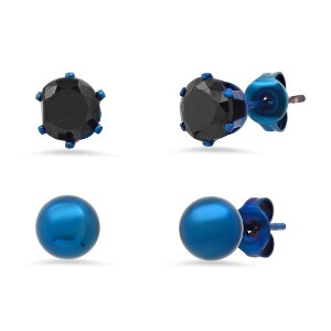Steeltime Men's blue ip stainless steel simulated black diamonds stud earrings 2pc set - 1 of 4