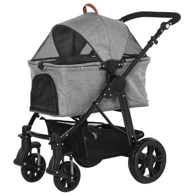 PawHut 2 in 1 Foldable Dog Stroller with Detachable Carriage, Adjustable Canopy, Safety Leashes and Storage Basket, Grey