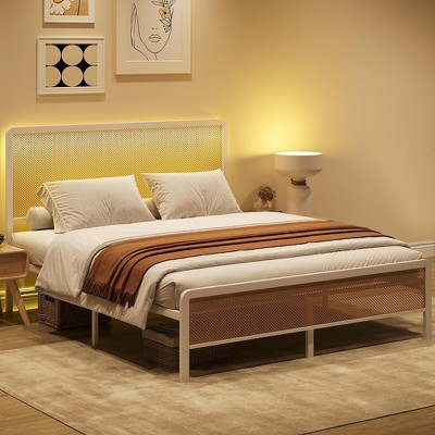 Queen Size White Metal Frame Bed with Rattan Upholstered Headboard